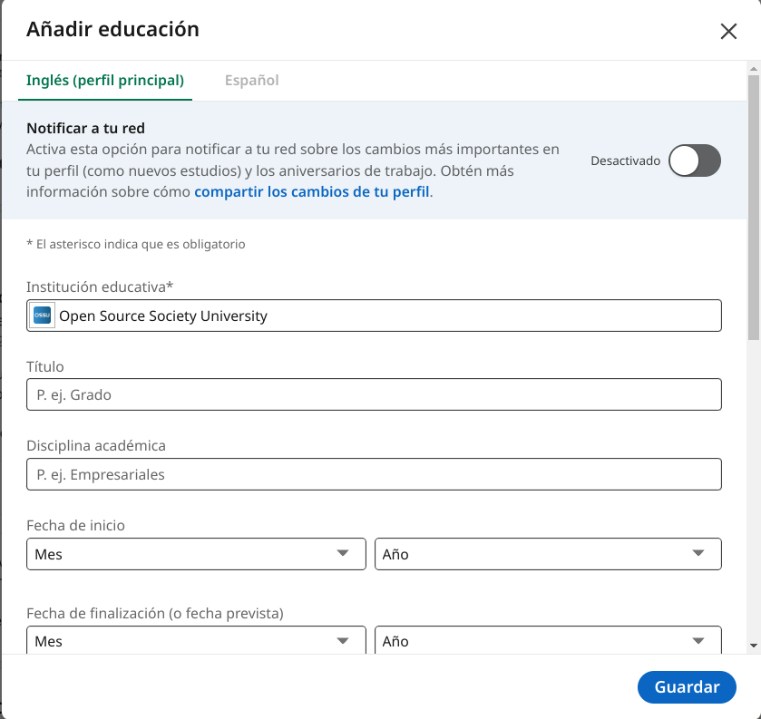 Una captura de pantalla que muestra cómo añadir OSSU a tu educación en Linkedln.